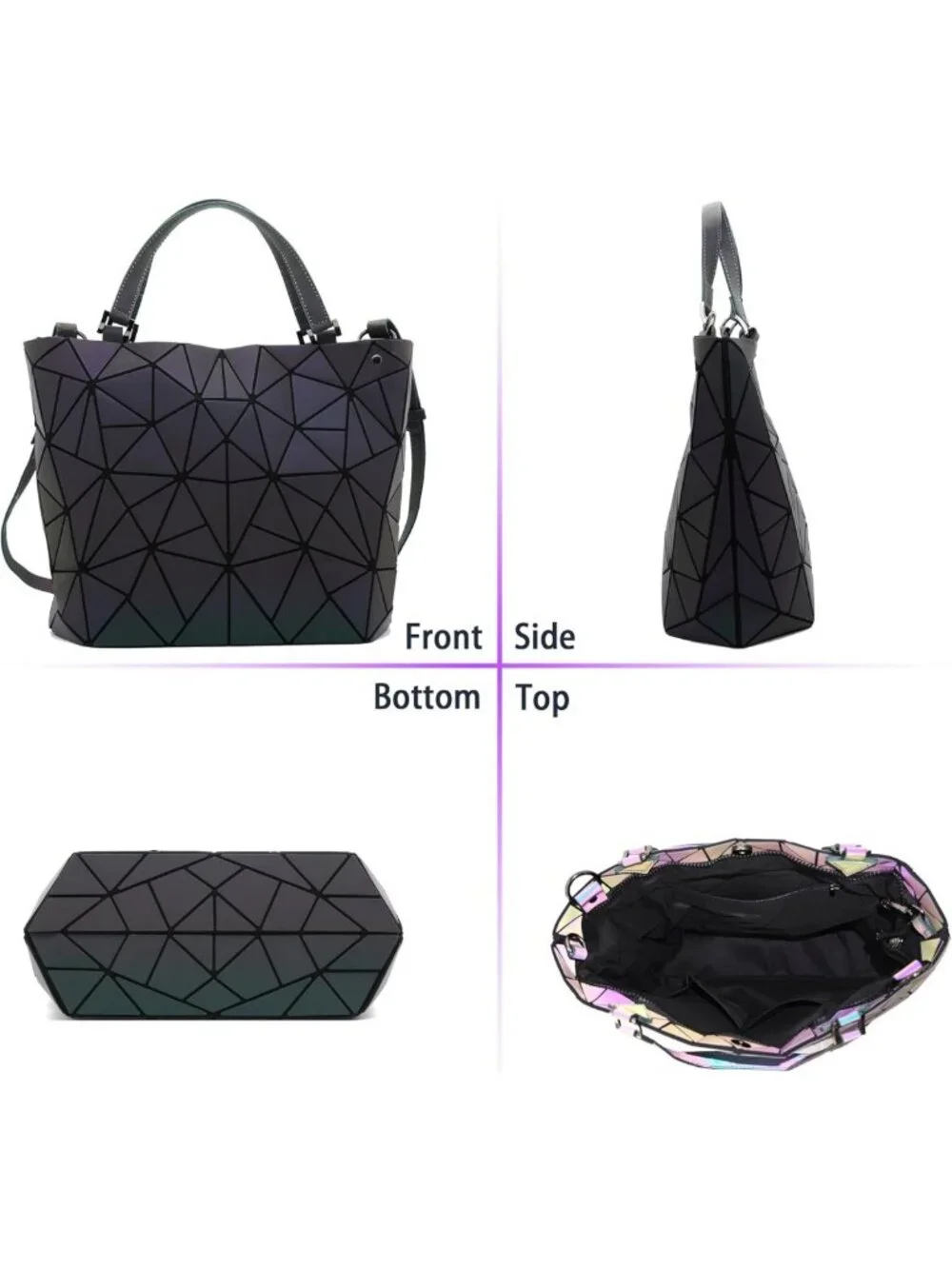 Luminous Geometric Tote Bag & Holographic Crossbody Purse - Black Iridescent